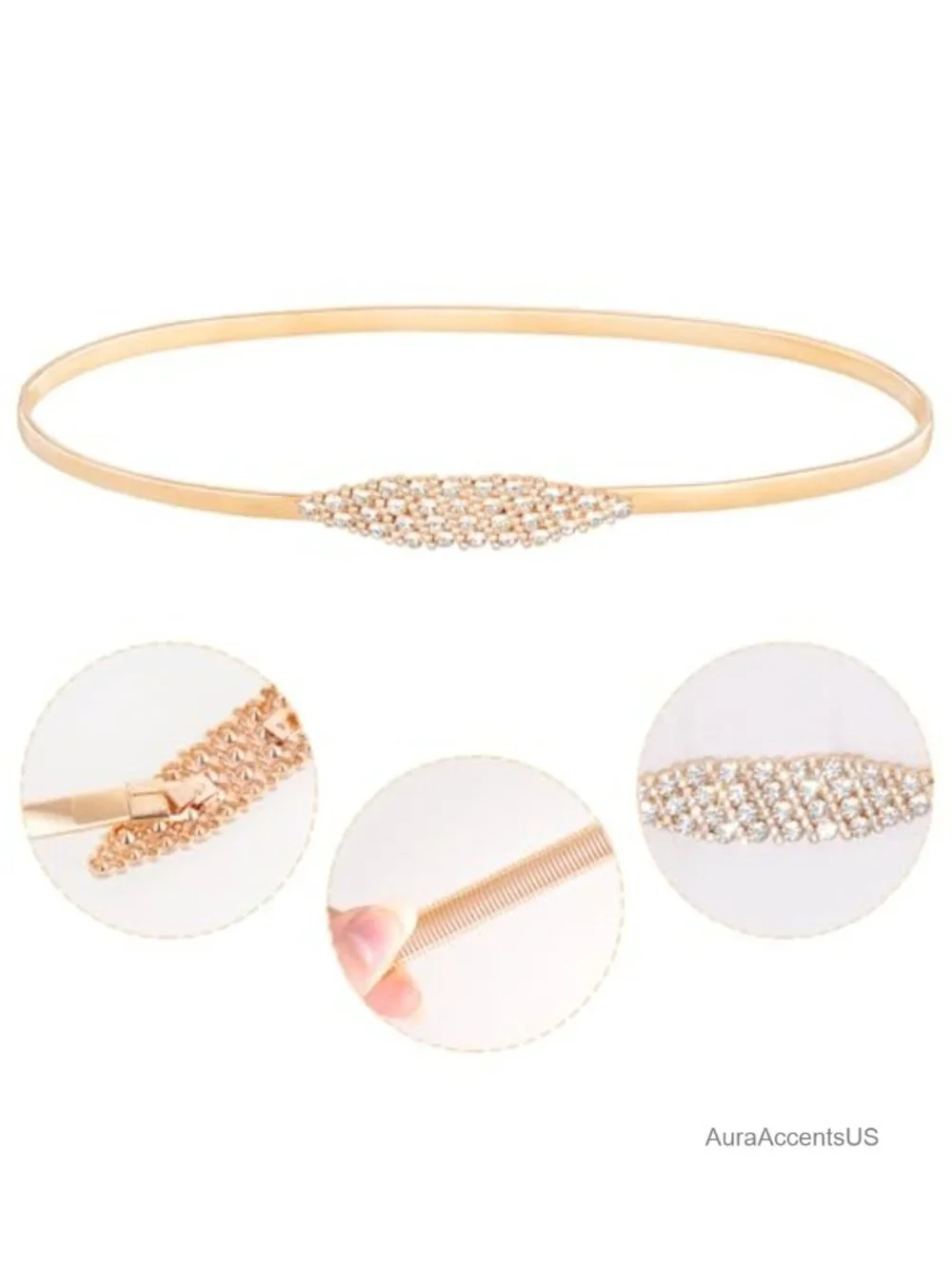 Skinny Metal Waist Belt Rhinestone Stretch Elastic Belt for Dress